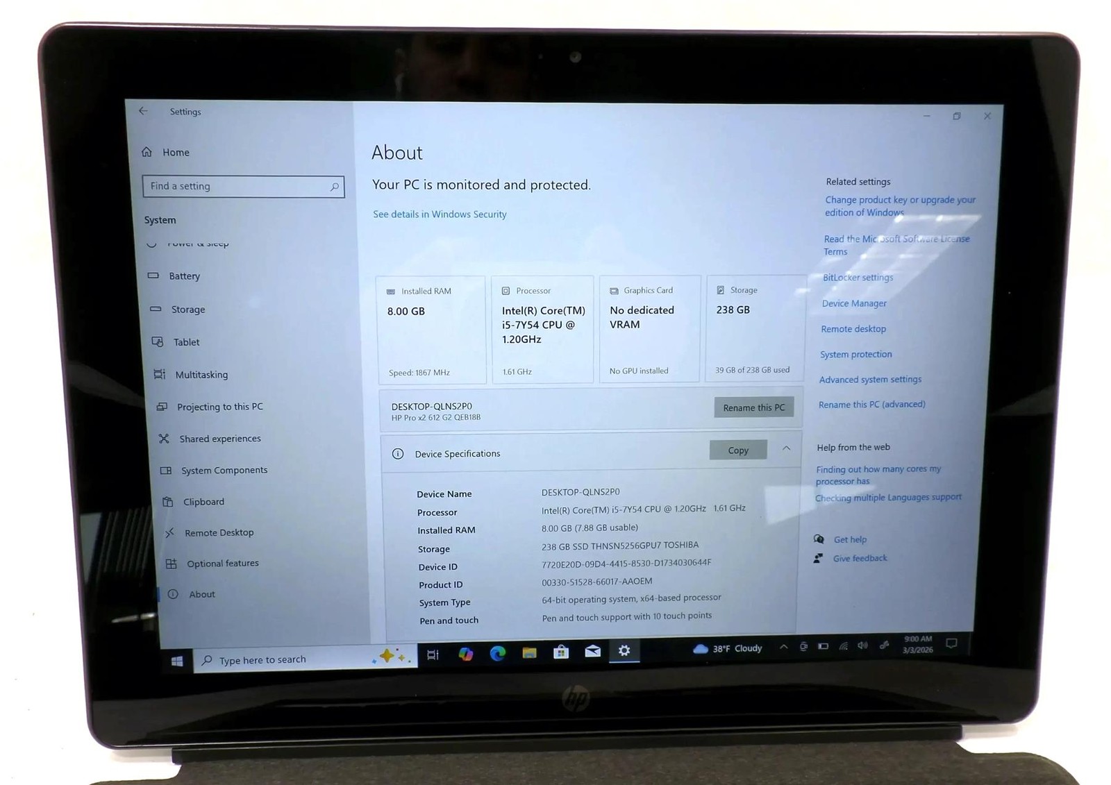 HP Pro X2 612 G2 Tablet Core i5-7Y54 1.20GHz 8GB 256GB SSD