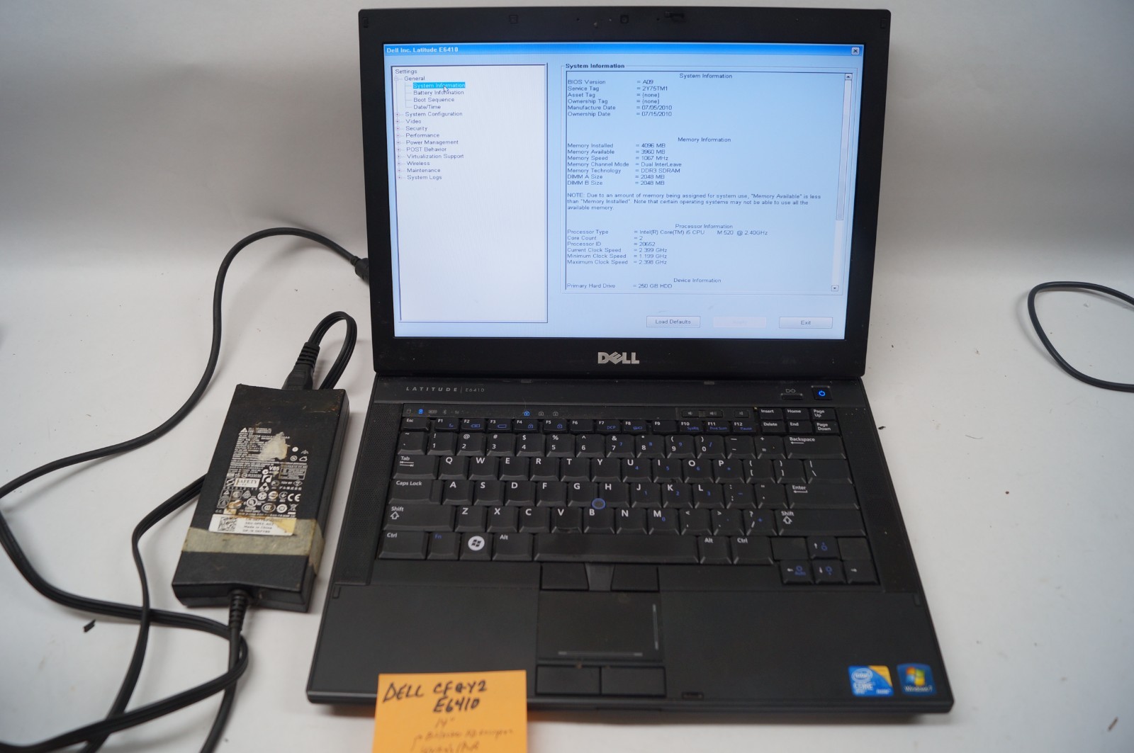 DELL CFGY2 E6410 Latitude Notebook 14″ 4GB Mem 2.4GHz 250GB HD WORKING PoR E112