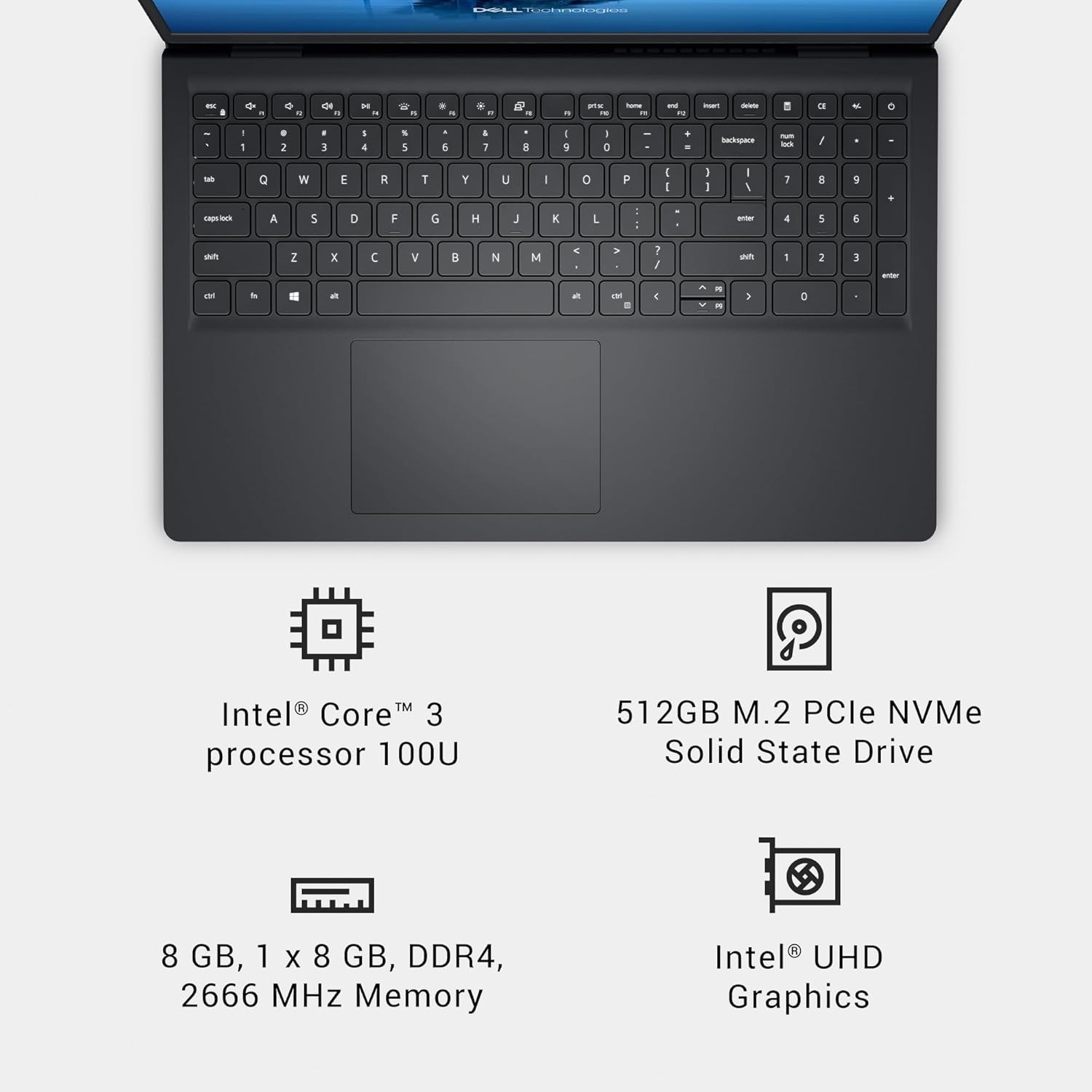 Dell 15 Laptop Intel Core 3 100U 512GB SSD 8GB RAM FHD 120Hz Carbon Black *READ*