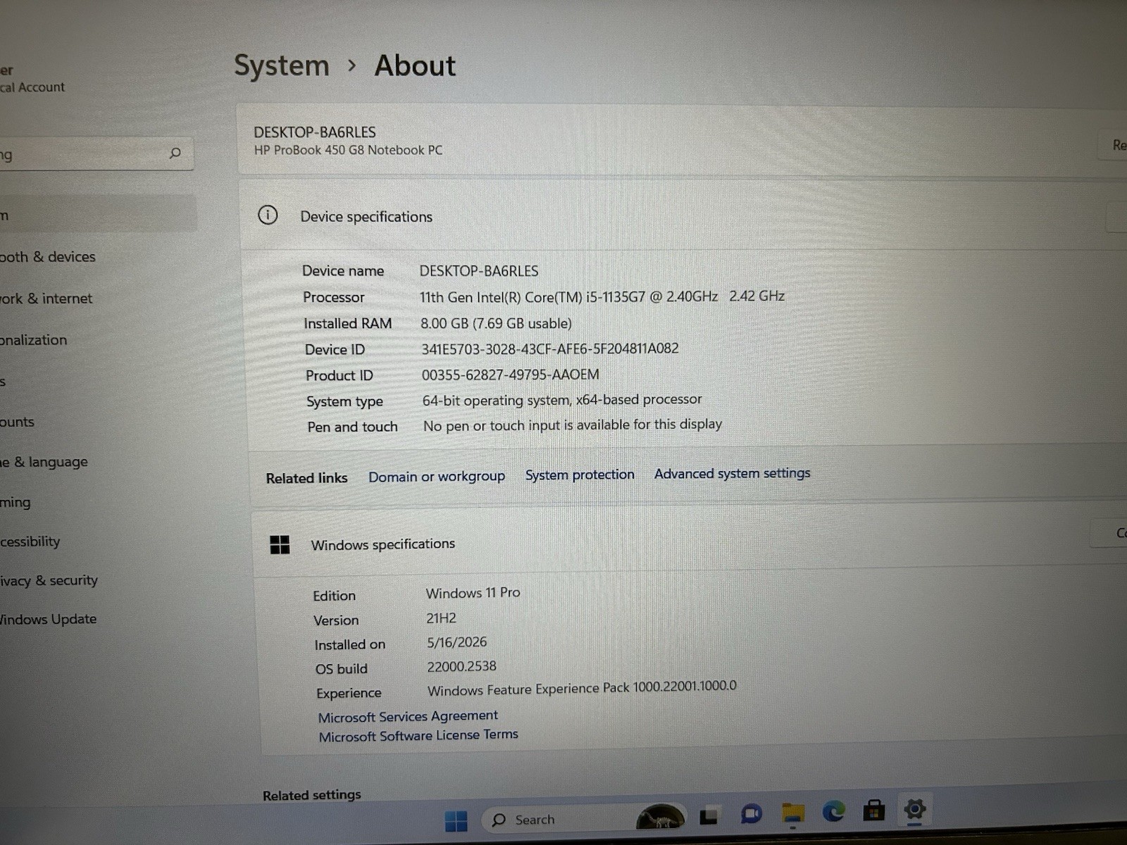 HP ProBook 450 G8 14” i5-1135G7 2.4GHz 8GB RAM 256GB NVMe W11Pro Office 16