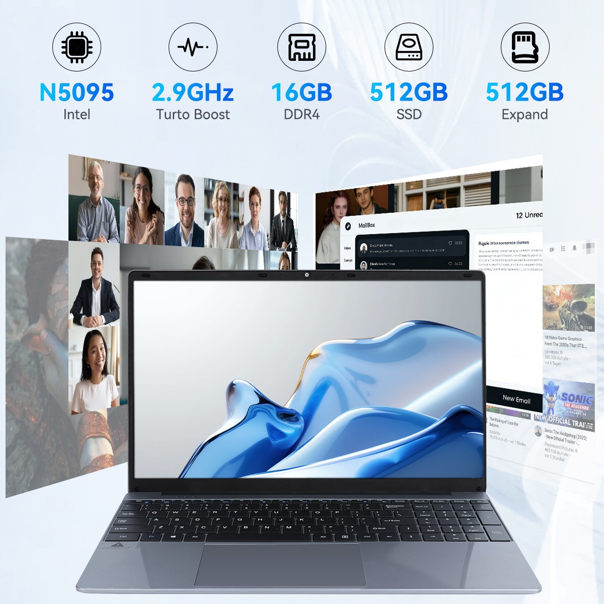 15.6″ FHD Laptop 16GB RAM 512 SSD 38000mWh LCD Dual Band Wifi BT4.2 Windows 11