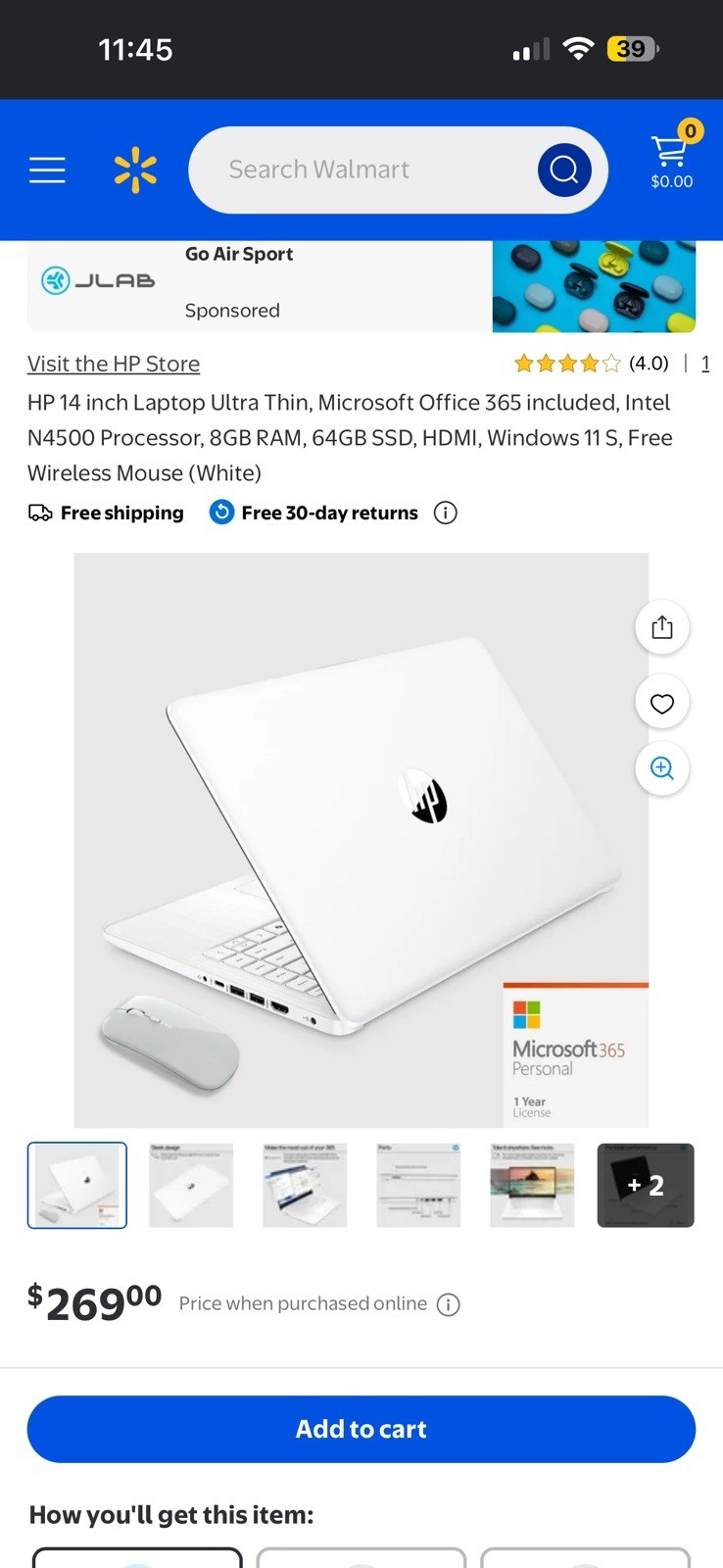 HP 14in Laptop White Intel N4500 8GB RAM 64GB SSD Win 11 S Webcam HDMI