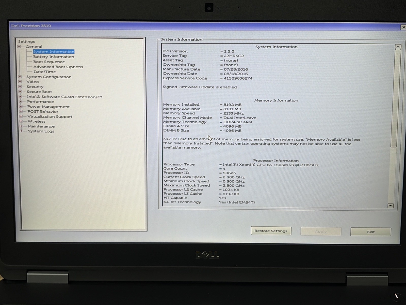 Dell Precision 3510 15.6″ FHD E3-1505M V5 8GB RAM No OS/SSD