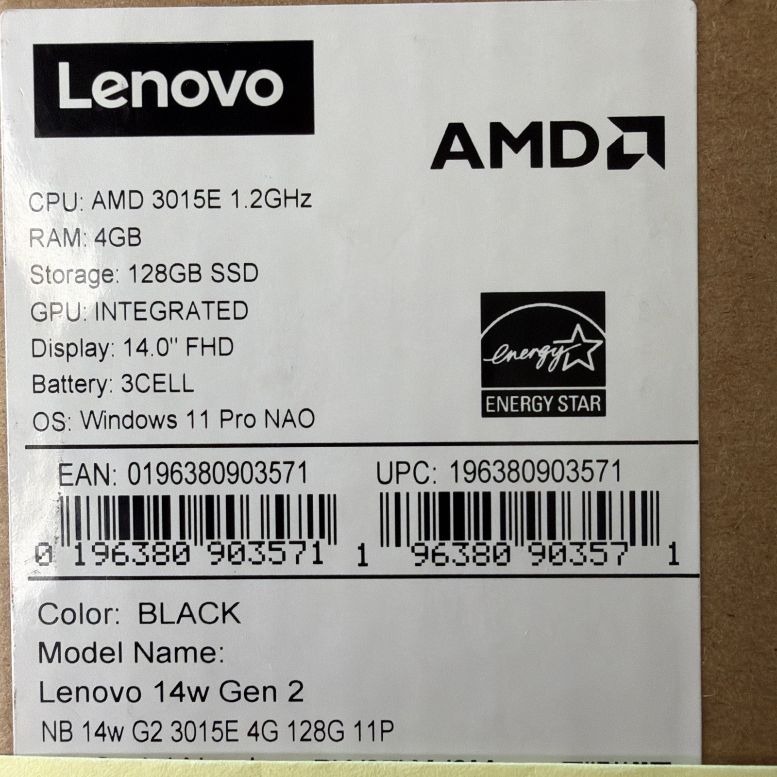 Lenovo 14w Gen 2 14″ Laptop AMD 3015e 4GB 128GB Win 11 Pro Open Box