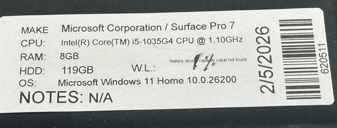 MICROSOFT SURFACE PRO 7 LAPTOP CORE i5-1035g4 @ 1.10Ghz 8GB RAM 119GB SSD (lp660