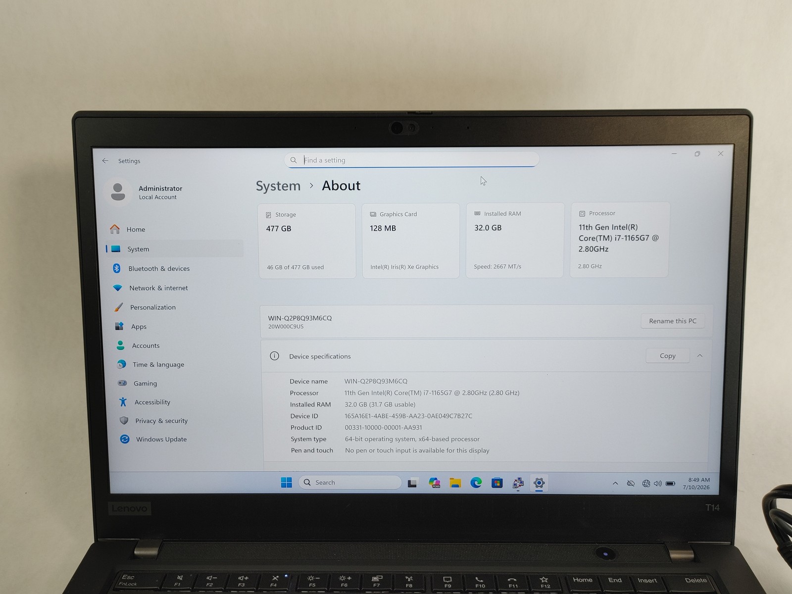 Lenovo ThinkPad T14 Gen 2 Core i7-1165G7 2.80 GHz 32 GB DDR4 512 GB NVMe Windows