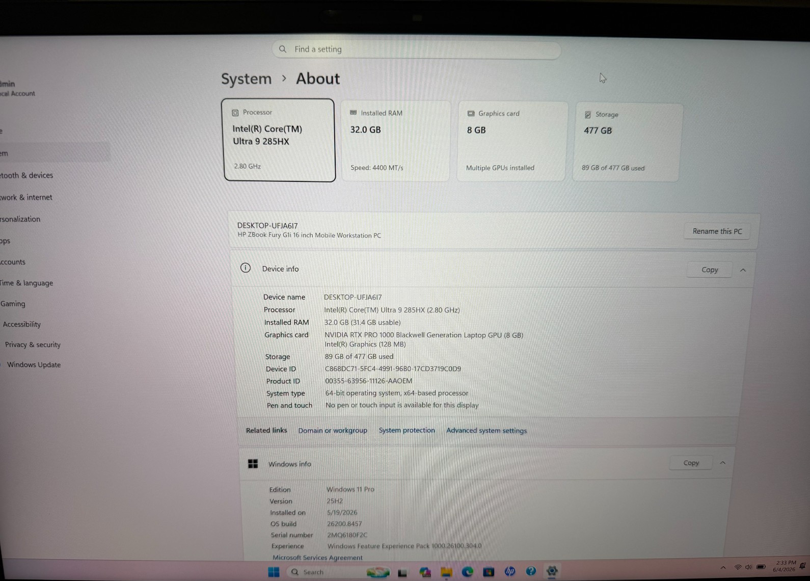 HP Zbook Fury 16 G1i Ultra 9 285HX/RTX 1000/32GB DDR5/512 GB SSD – Open Box wty