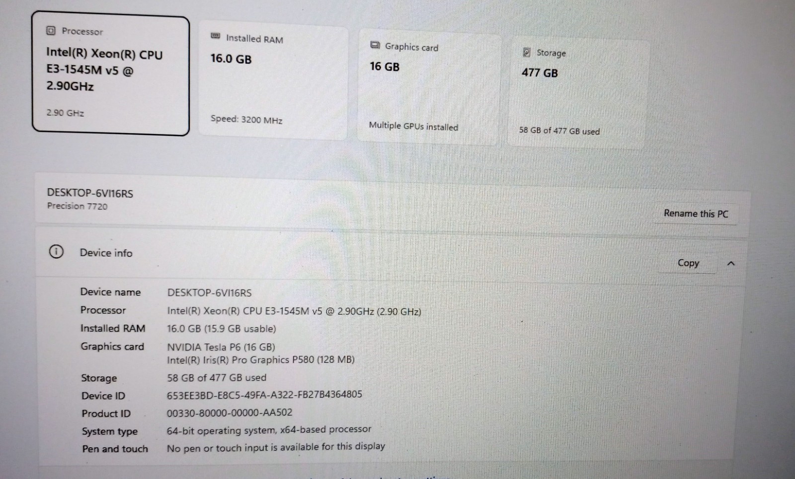 Dell Precision laptop 7720 E3-1545M 2.9-3.8Ghz 16GB 512GB NVIDIA “P5000” AX200