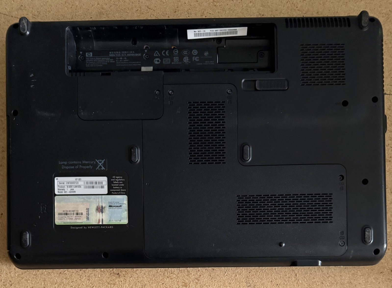 HP G61-429WM AMD Sempron M120 2100MHz 4 GB RAM NO HDD, NO Battery, NO Power Cord