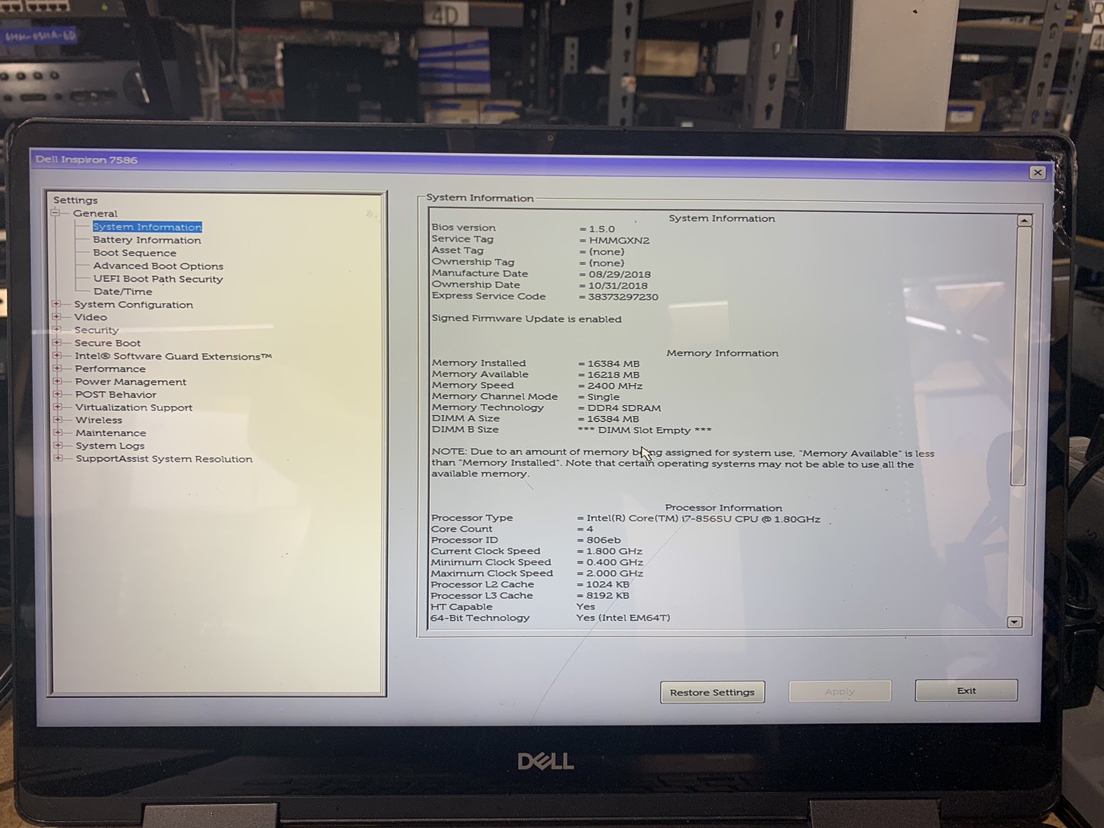 DELL INSPIRION 7586 Intel Core i7-8565U@1.80GHZ 16GB DDR4 RAM 512GB SSD WIN 11P