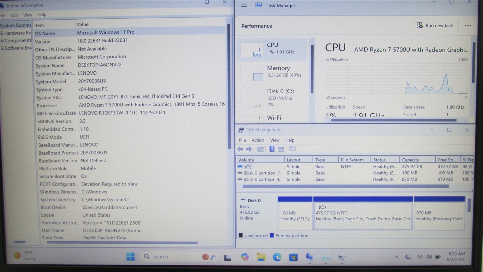 Lenovo Thinkpad E14 Ryzen 7 5700U 1.8GHz 8GB RAM 512GB NVME 14″ W11 Pro COSM DMG