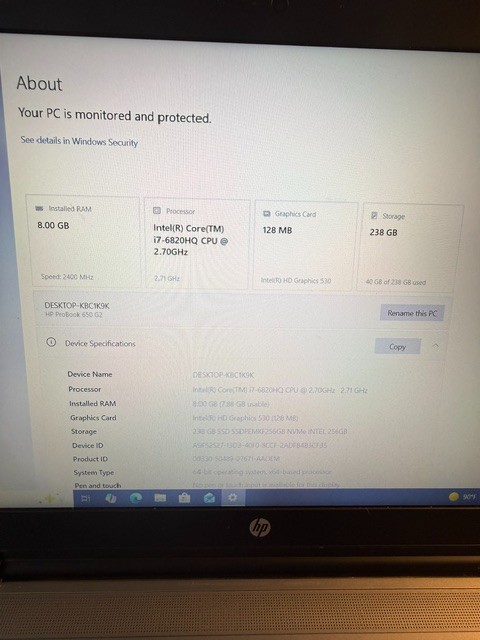 HP ProBook 650 G2 i7-6820HQ 256GB SSD 8GB RAM (No Charger Included)