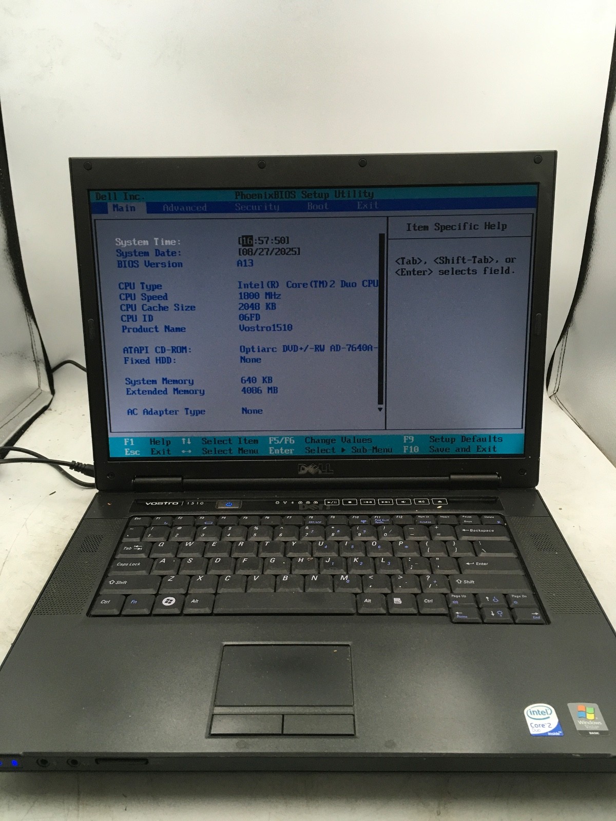 DELL VOSTRO 1510 – BOOTS TO BIOS – INTEL CORE 2 DUO – 4GB RAM – READ DESCRIP -BB