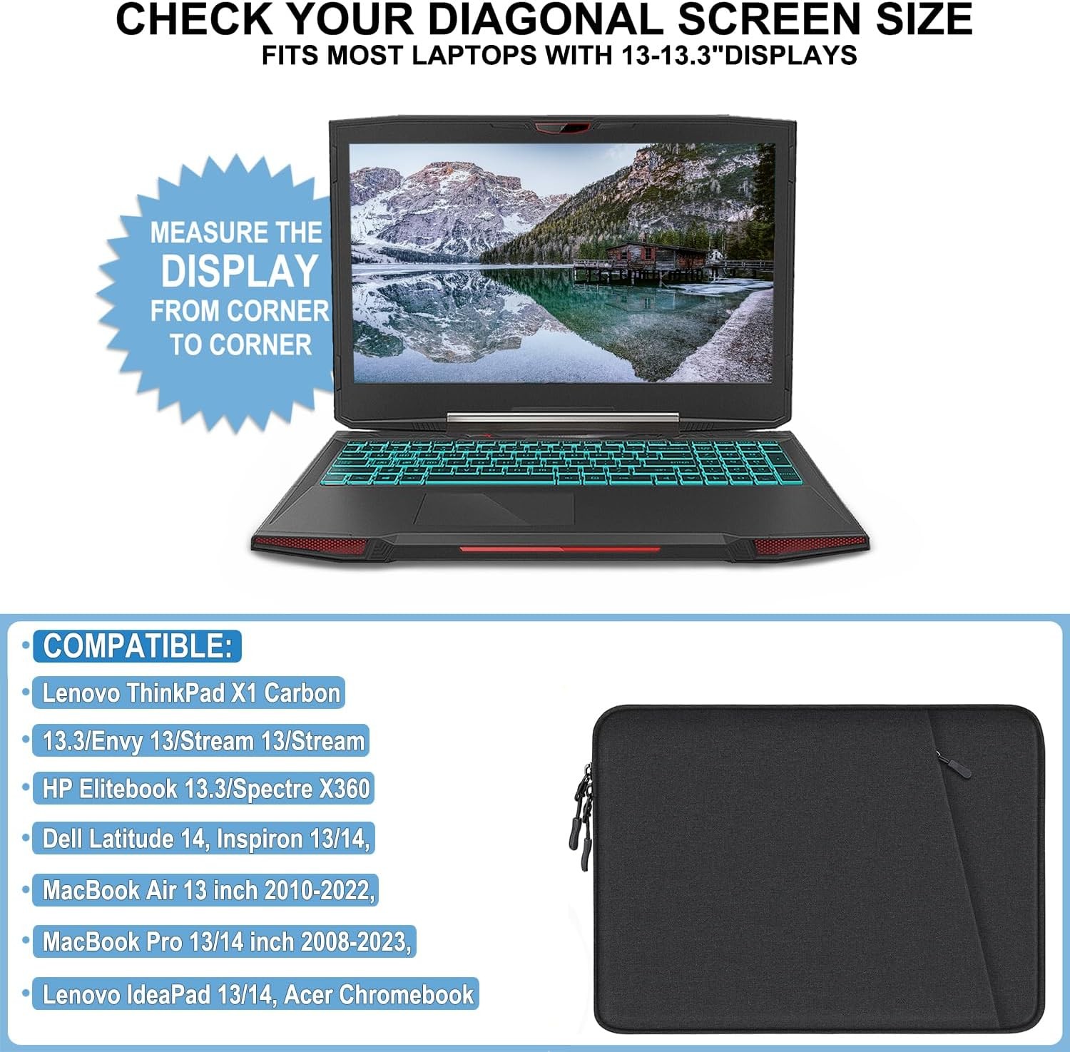 Laptop Sleeve Case 13.3 inch, Shockproof Protective Computer Cover, Black