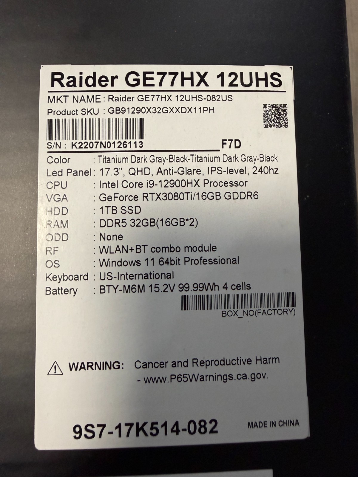 MSI Raider GE77HX 12UHS-082 i9-12900HX RTX 3080 Ti 16GB 32GB 1TB QHD 240Hz