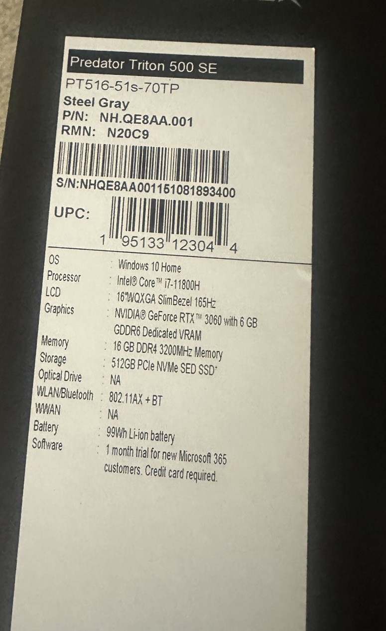 Acer Predator Triton 500 SE PT516-51S-70TP 16″ i7-11800H 16GB 512GB RTX 3060 W10