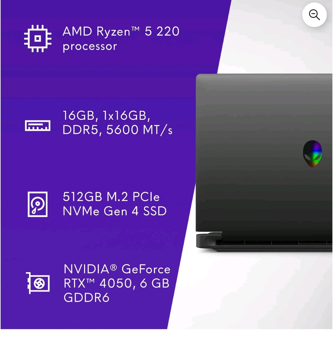 Alienware 15.3″ WUXGA 165Hz Gaming AMD Ryzen 5 220 RTX 4050 GDDR6 16GB 512GB SSD