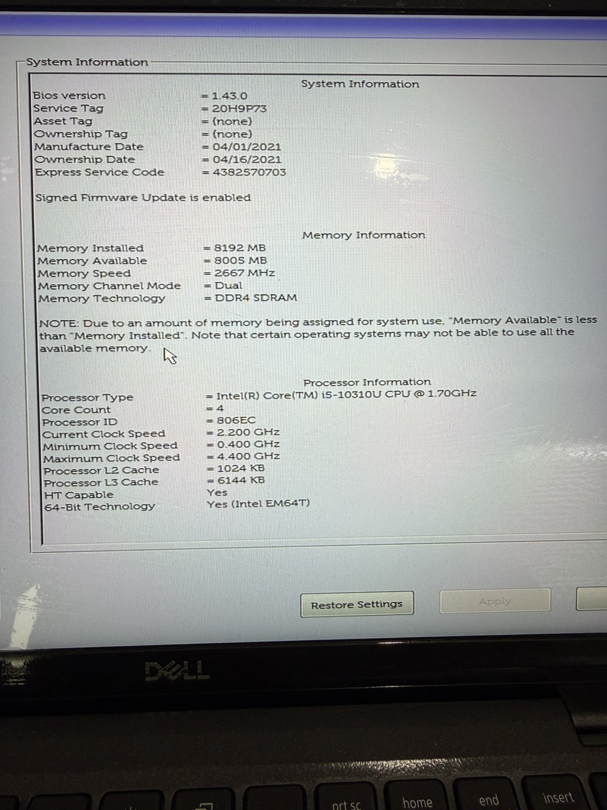 DELL LATITUDE 7410 1.7GHz i5-10310U 256GB SSD 8GB no p supply (Read description)