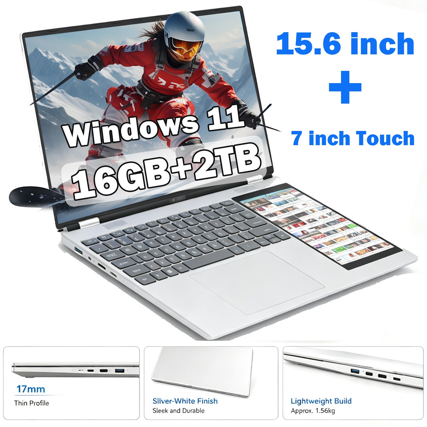 Dual Screen Laptop 15.6″ LCD Screen + 7″ Touch Screen Computer 16GB RAM 2TB SSD