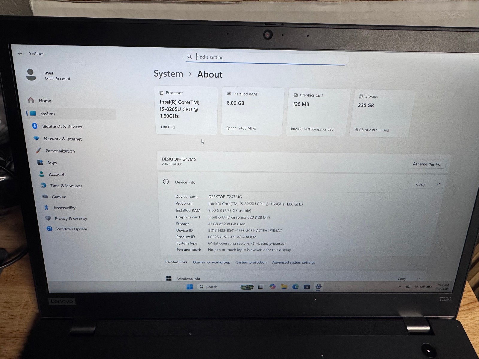Lenovo ThinkPad T590 15.6″ Laptop Intel Core i5-8265U 1.6GHz 8GB RAM 256GB SSD