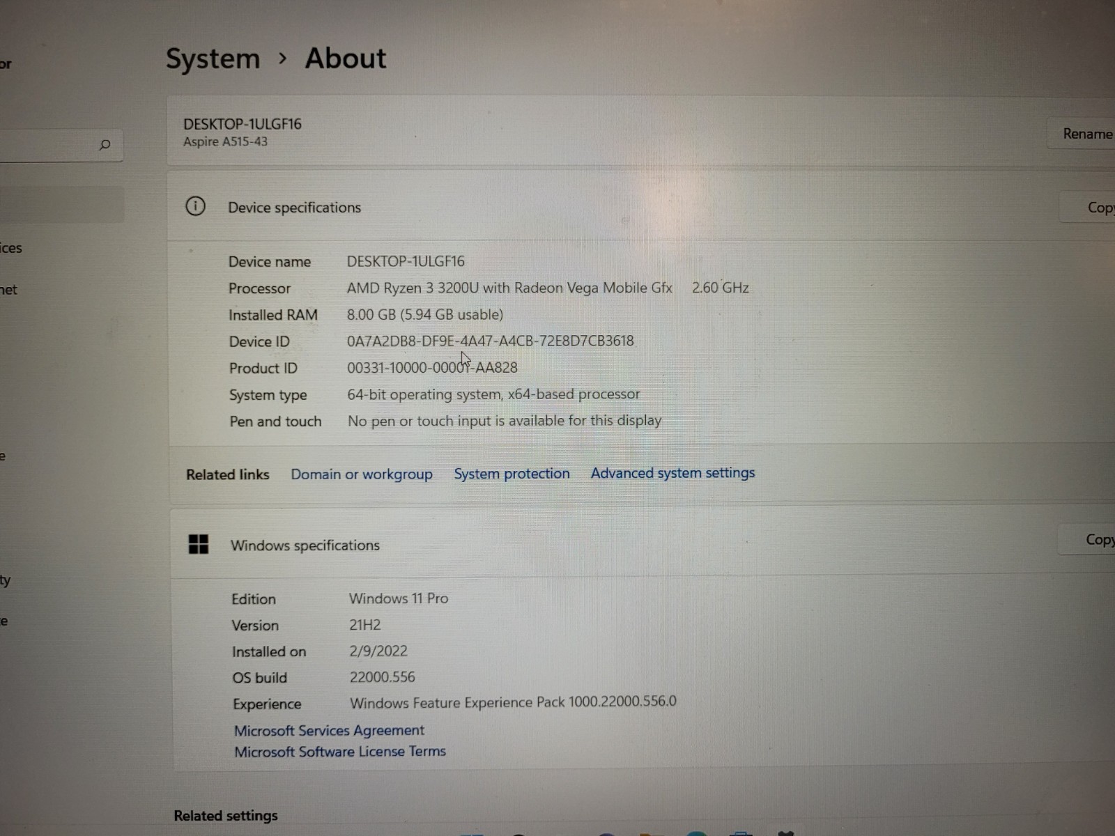 Acer Aspire A515-43 15.6″ Ryzen 3 3200u 2.6ghz 8gb ram 256gb ssd w11p 3113E53400