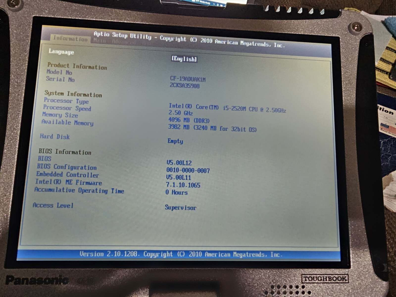 PANASONIC CF-19 TOUGH MK5 i5 8GB✔️ BIOS HAS ZERO HR✔️512 SSD✔️ WIN7P32✔️