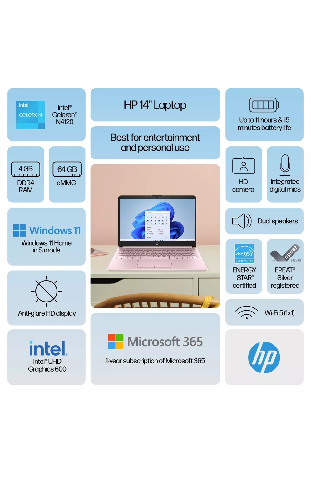 New HP Stream 14″ HD Laptop Intel N4120 64GB eMMC 4GB Ram Office Windows 11 Pink