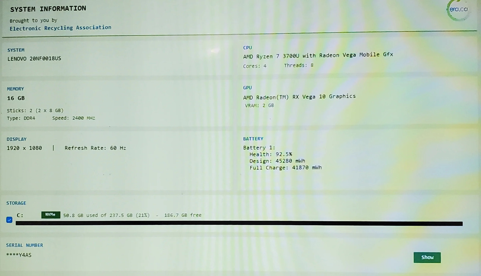 Lenovo ThinkPad E595 AMD Ryzen 7 3700U 15.6″ 256GB 16GB Lap200 READ
