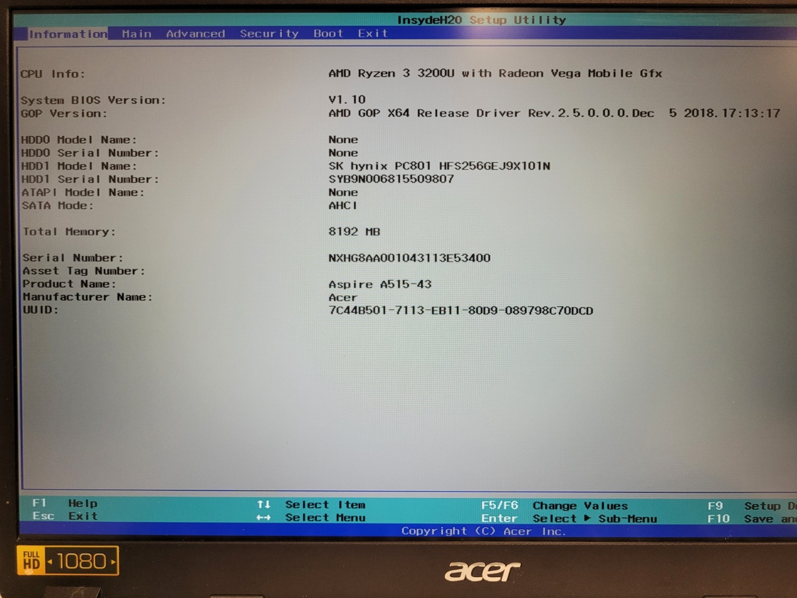 Acer Aspire A515-43 15.6″ Ryzen 3 3200u 2.6ghz 8gb ram 256gb ssd w11p 3113E53400