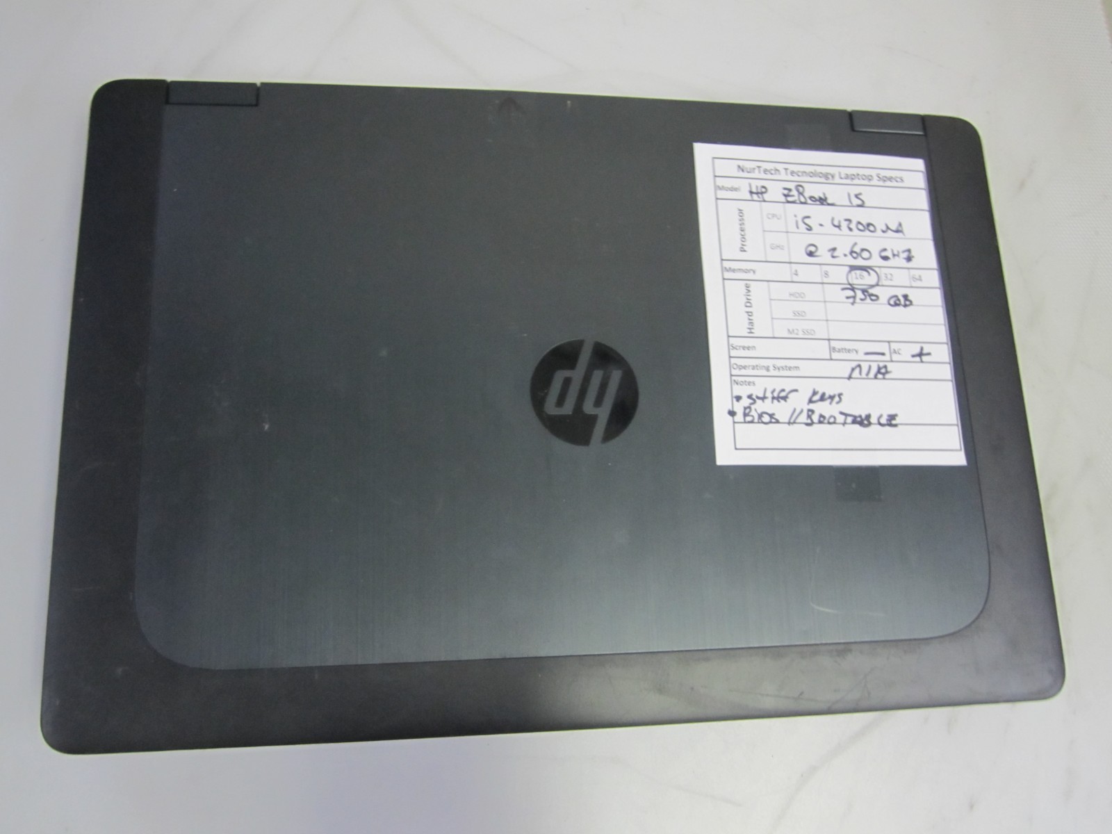HP ZBook 15 i5-4300M 2.6GHz 16GB 750GB Laptop + AC NO OS/BTRY, BIOS, READ