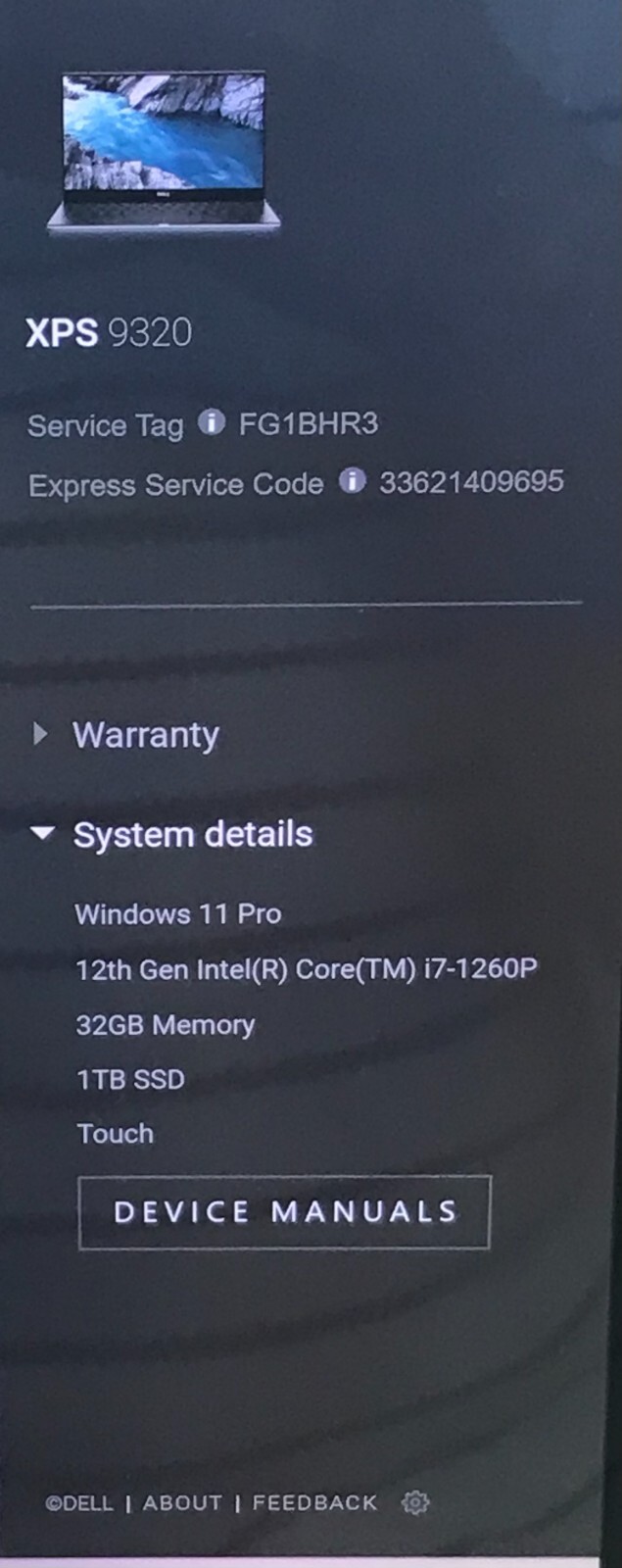Dell XPS 9320 3.5K TOUCH 2.1 GHz i7-1260P 32GB RAM 1TB SSD – Very Good