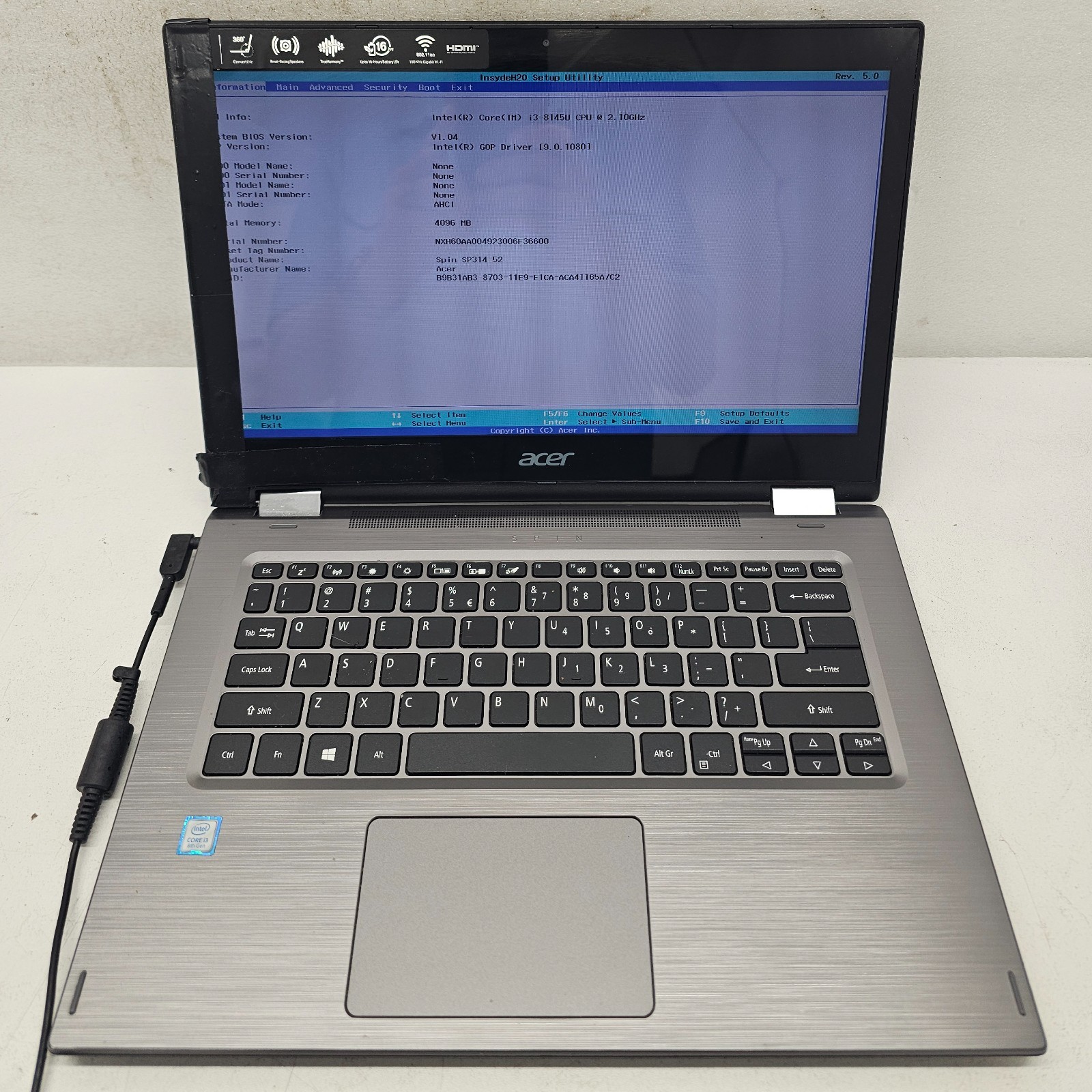 Acer Spin SP314-52-39AH Laptop Intel i3-8145U 4GB Ram NO HD/OS (FL)