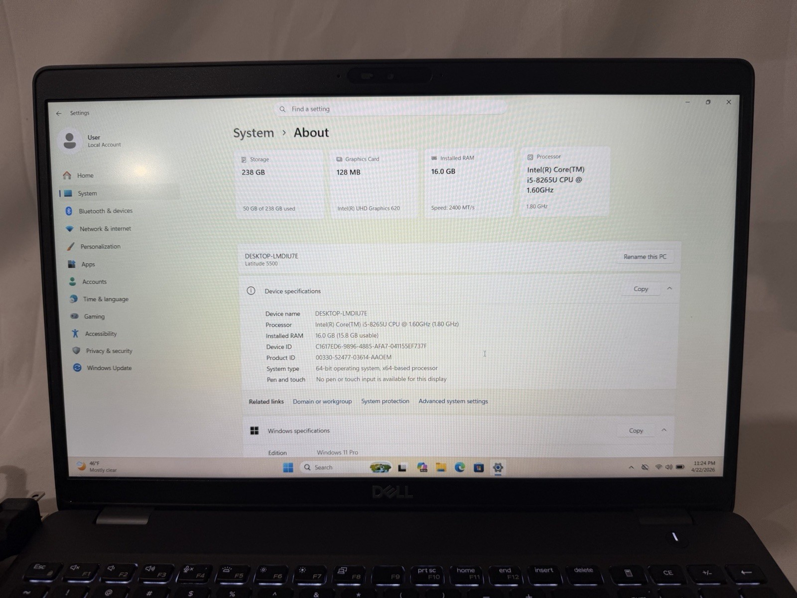 Dell Latitude 5500 15.6″ (i5-8265U, 1.6 GHz, 16GB RAM 256GB NVMe SSD) Win11Pro