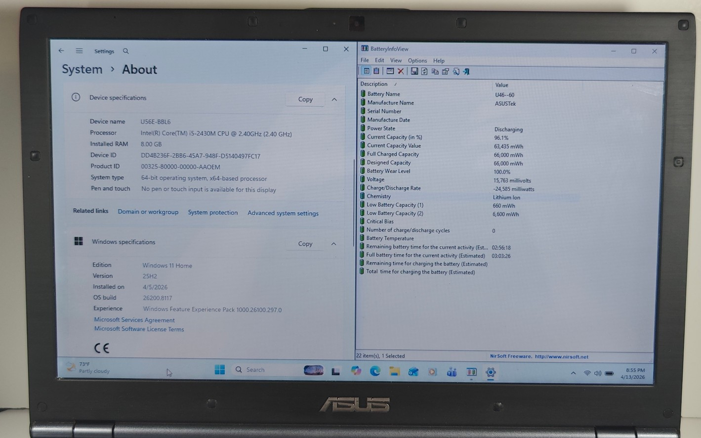 Asus U56E-BBL6 Core i5-2430M 2.4GHz/8GB RAM/256GB SSD/15.6″ Win11