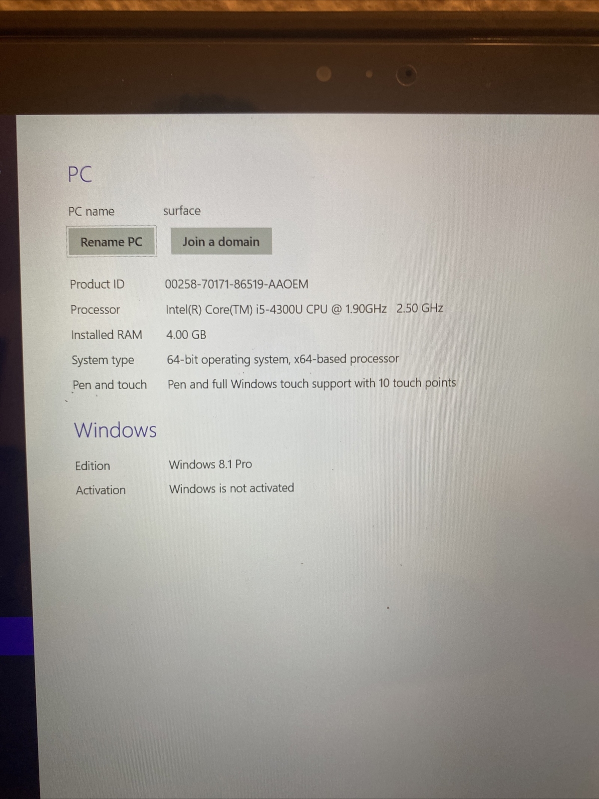 surface window 8.1 i5 1.90GHz 2.50GHz 128GB