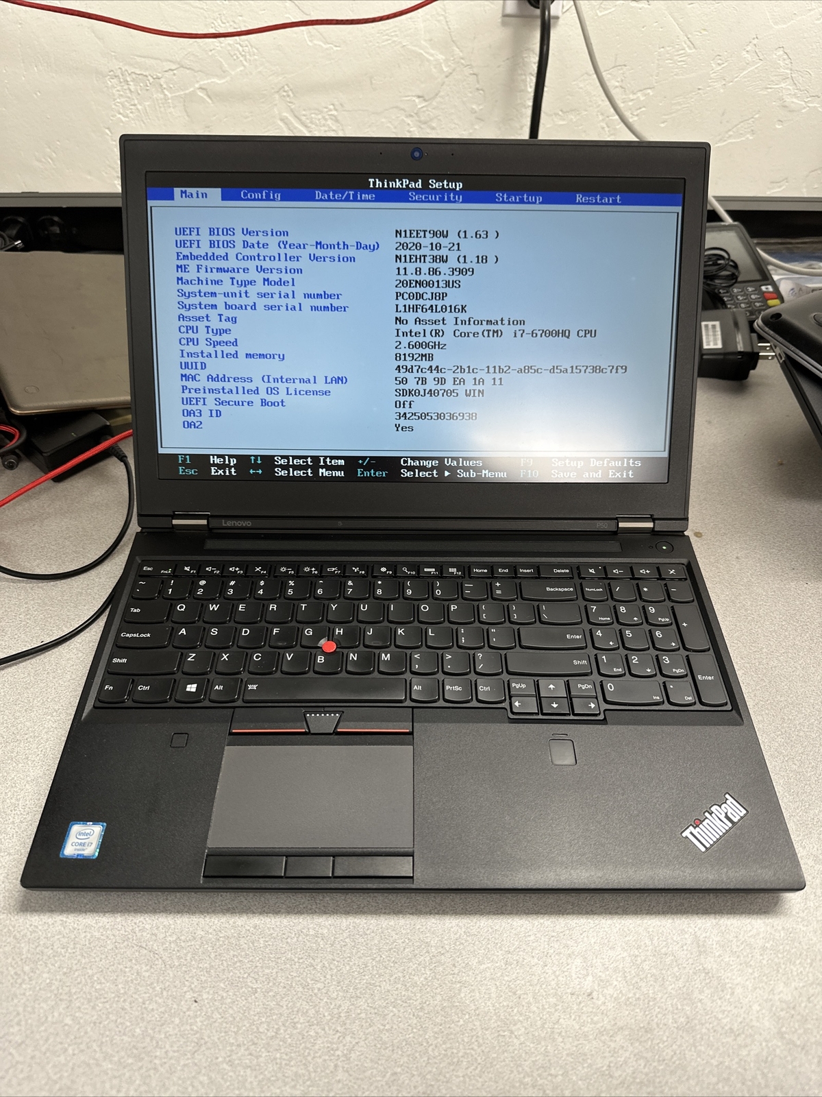 Lenovo ThinkPad P50 Intel Core i7-6700HQ 8GB RAM NO SSD BOOTS TO BIOS SEE DESC.