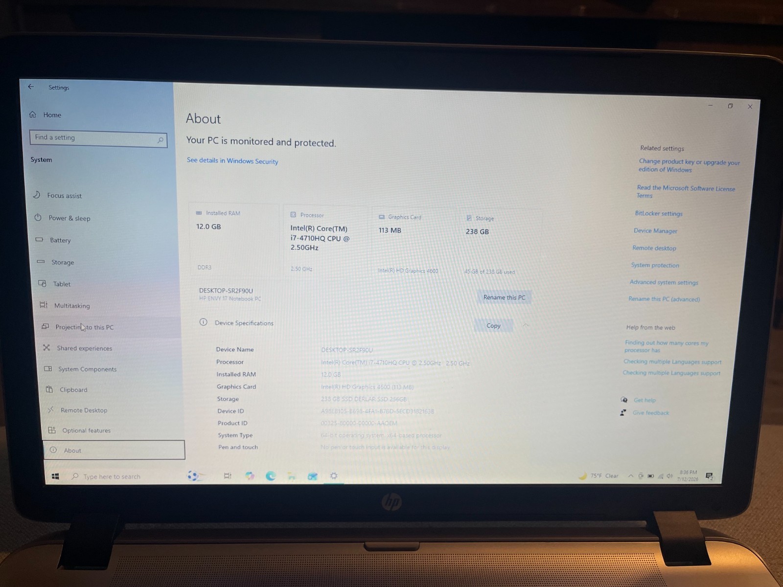 HP Envy 17t-k100 17.3″ Laptop i7-4710HQ 12GB RAM 256 GB SSD 2.50Ghz Win 10 home