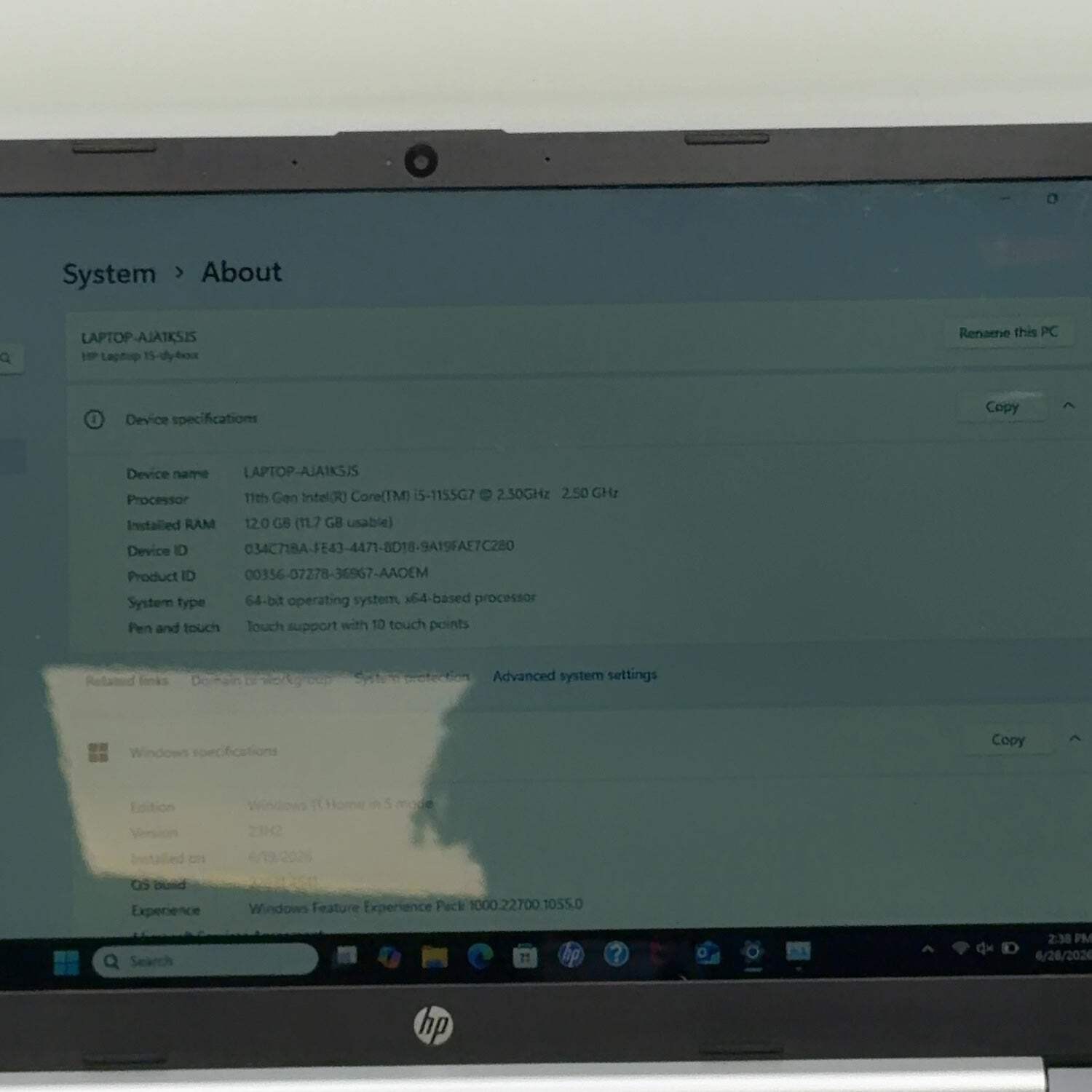 Broken HP Laptop 15-DY4013DX i5-1155G7 2.5GHz 12GB RAM 256GB SSD Missing Key