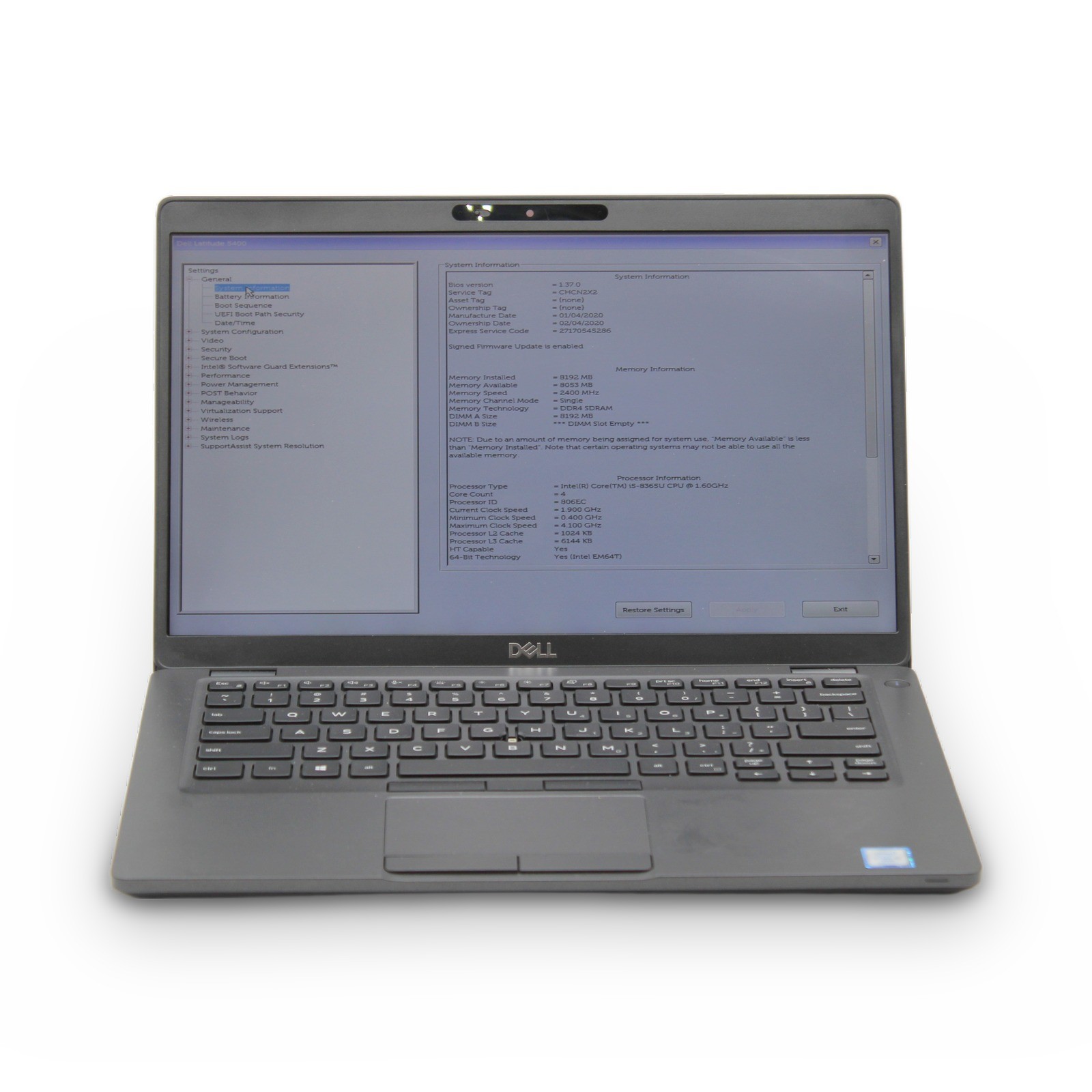 Dell Latitude 5400 14in i5-8365U 8GB No Drive, OS, Power Cord Grade A