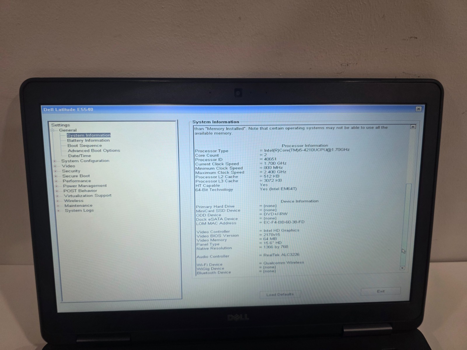 Dell Latitude E5540 Intel i5-4210U 4GB Webcam