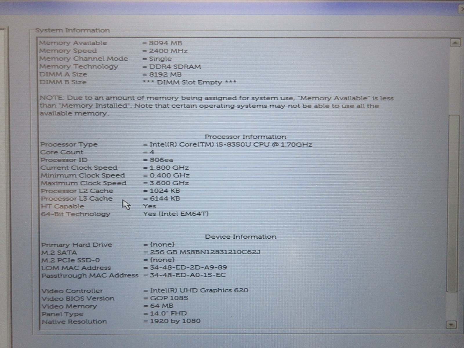 Dell Latitude 5400 14″ : i5-8350U 1.7GHz : 8GB RAM : 256GB SSD : Grade B