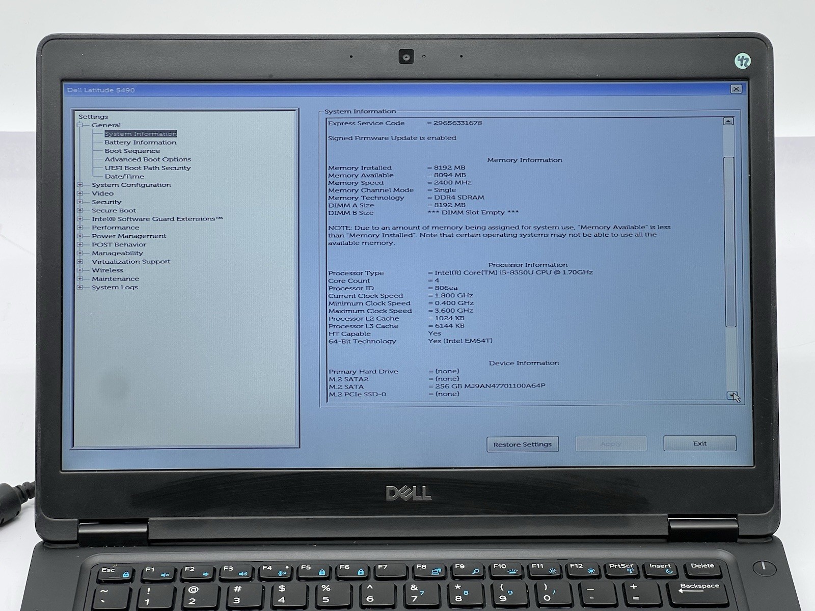 Dell Latitude 5490, i5-8350U CPU, @ 1.70GHz, 8GB RAM, 256GB SATA-No OS/Adapter