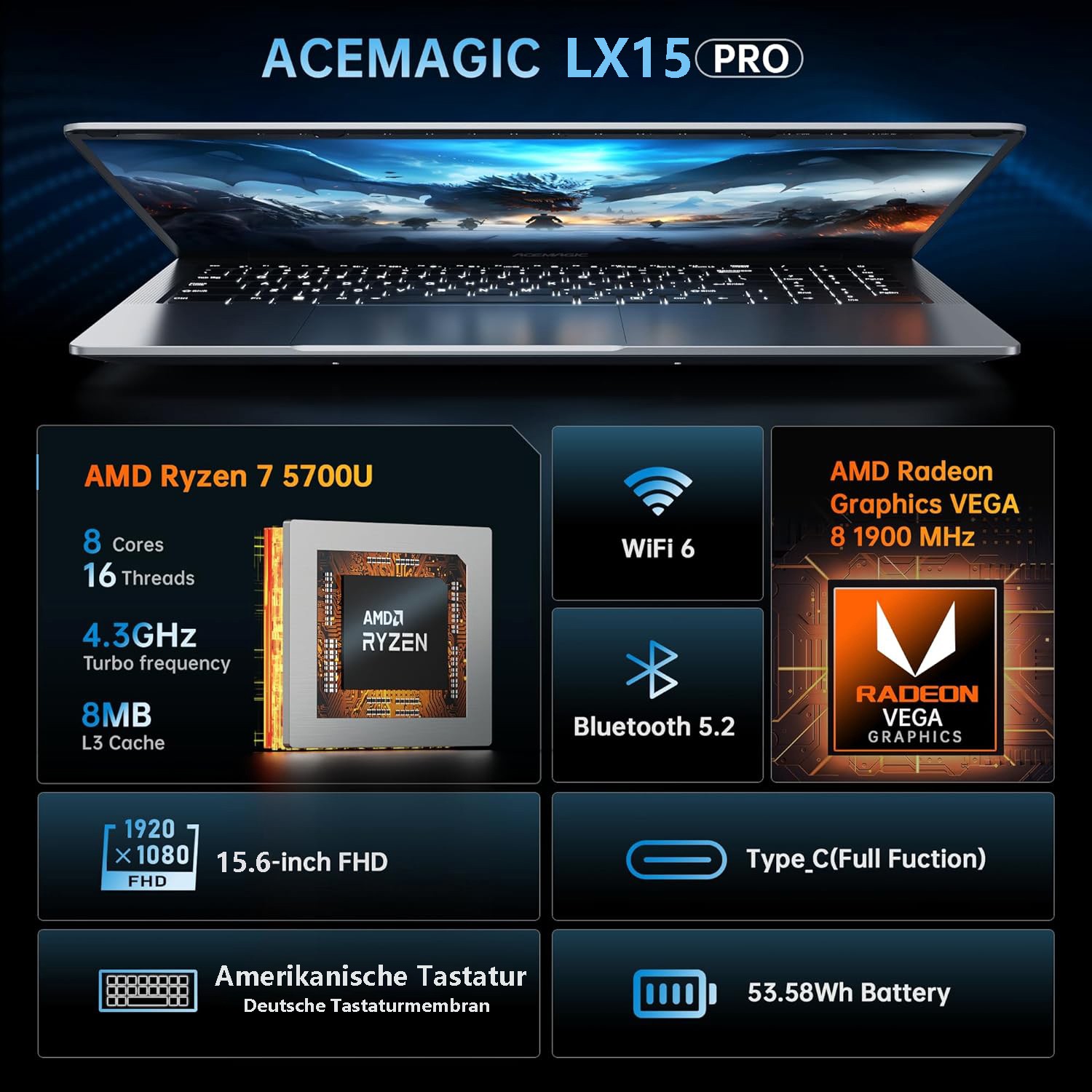 ACEMAGIC 16.1″ FHD Laptop AMD Ryzen 7 5700U 16GB DDR4 512GB SSD Notebook WiFi6