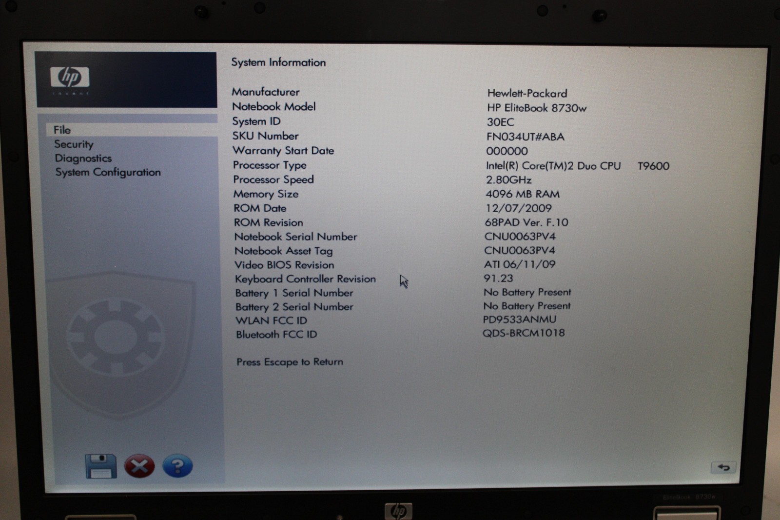 HP EliteBook 8730w _ 2 Duo-T9600 @ 2.8 _ 4GB RAM _ Radeon _ No SSD / OS