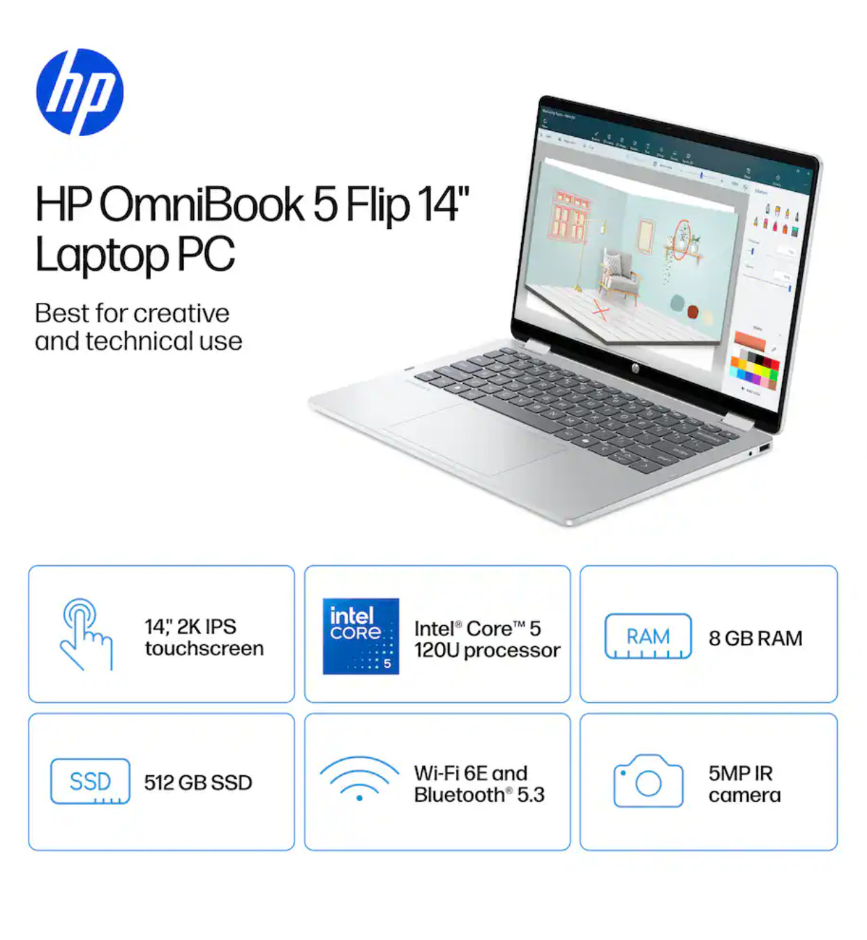 HP OmniBook 5 Flip 14″ 2K Touch Intel Core 5 120U 8 GB 512 GB SSDW11H Laptop, SL