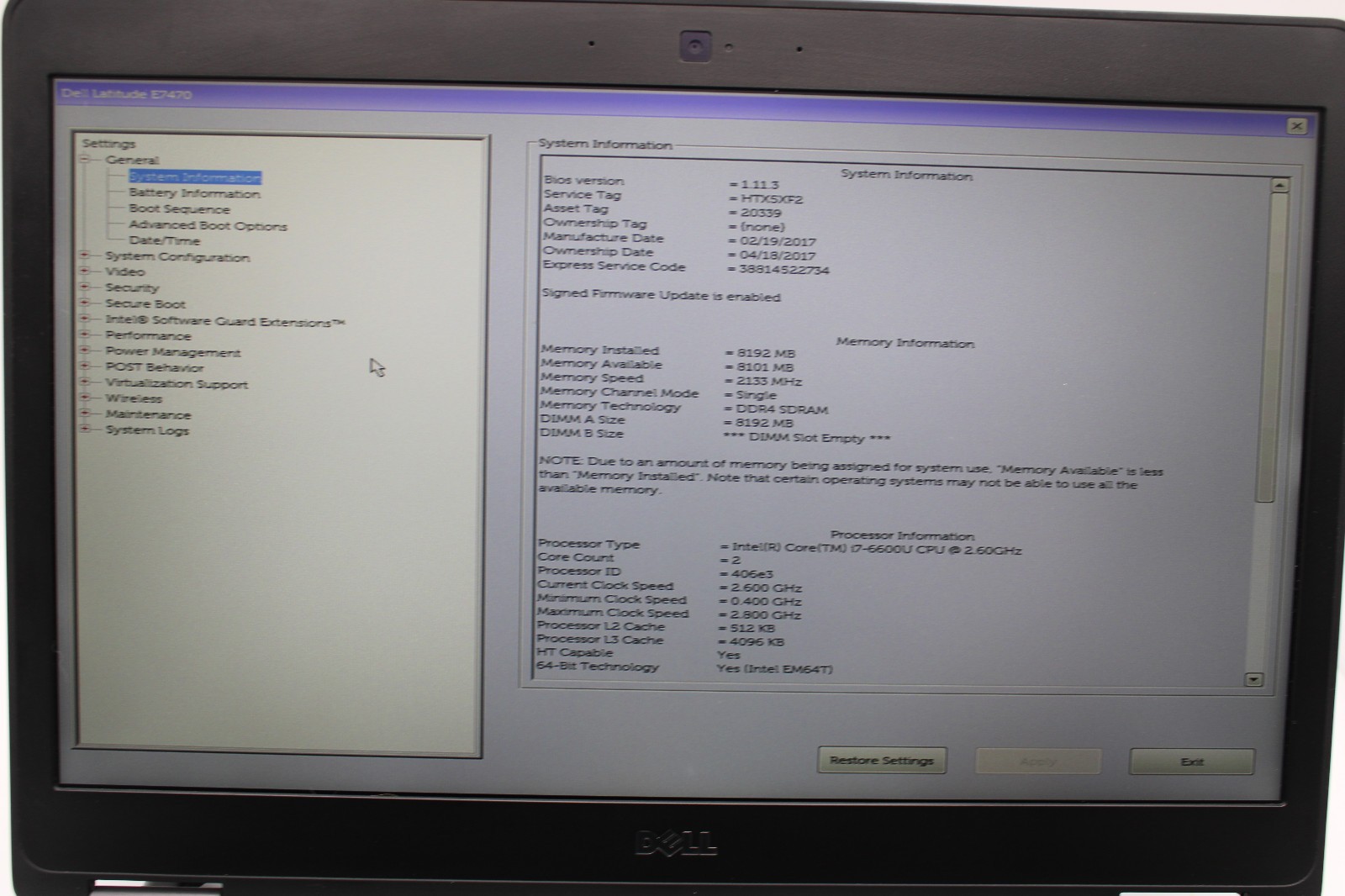 Dell Latitude E7470 _ i7-6600U @ 2.6 _ 8GB RAM _ 256GB SSD _ No OS / BATTERY