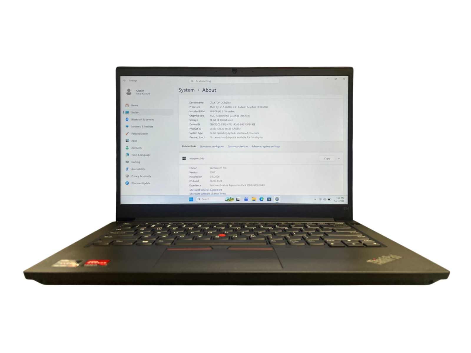 Lenovo ThinkPad E14 Gen2 Laptop RYZEN 5 4600U 16GB 256GB NVMe Win 11 Pro *Read*