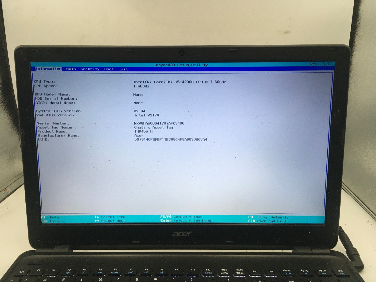 ACER TMP455 M 5406 – BOOTS TO BIOS – INTEL I5 4200U – NO RAM – 15″ -READ DESC-BB