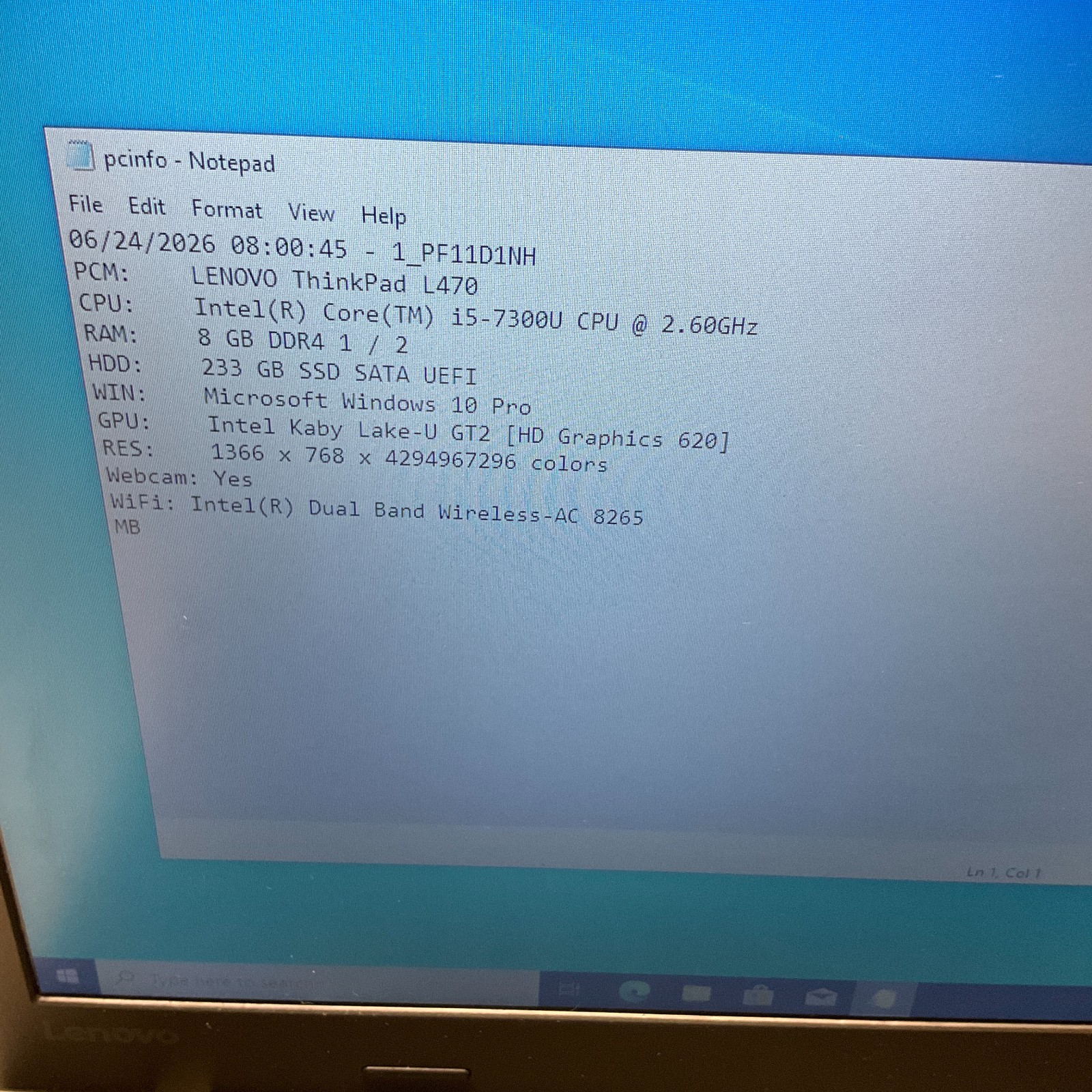 Lenovo ThinkPad L470 14″ | 2.60GHz Dual Core i5-7300U | 8GB 250GB SSD NO BATT
