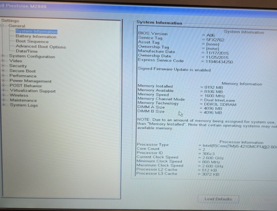 Dell Precision M2800| Intel Core i5-4210M| 8GB RAM| 500GB HDD| Win 10 Pro